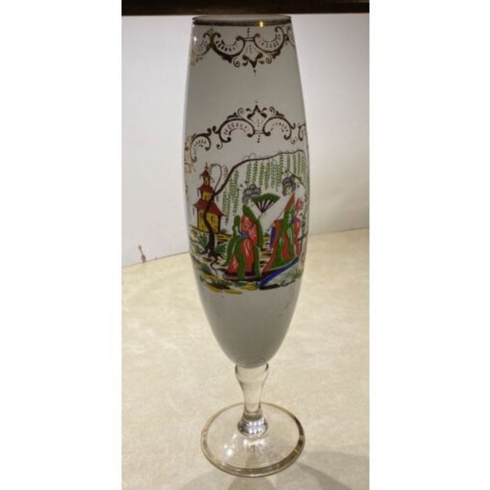 Vintage  Reverse Painted Vase Hand Painted Oriental Goblet 17.5” Rare!!